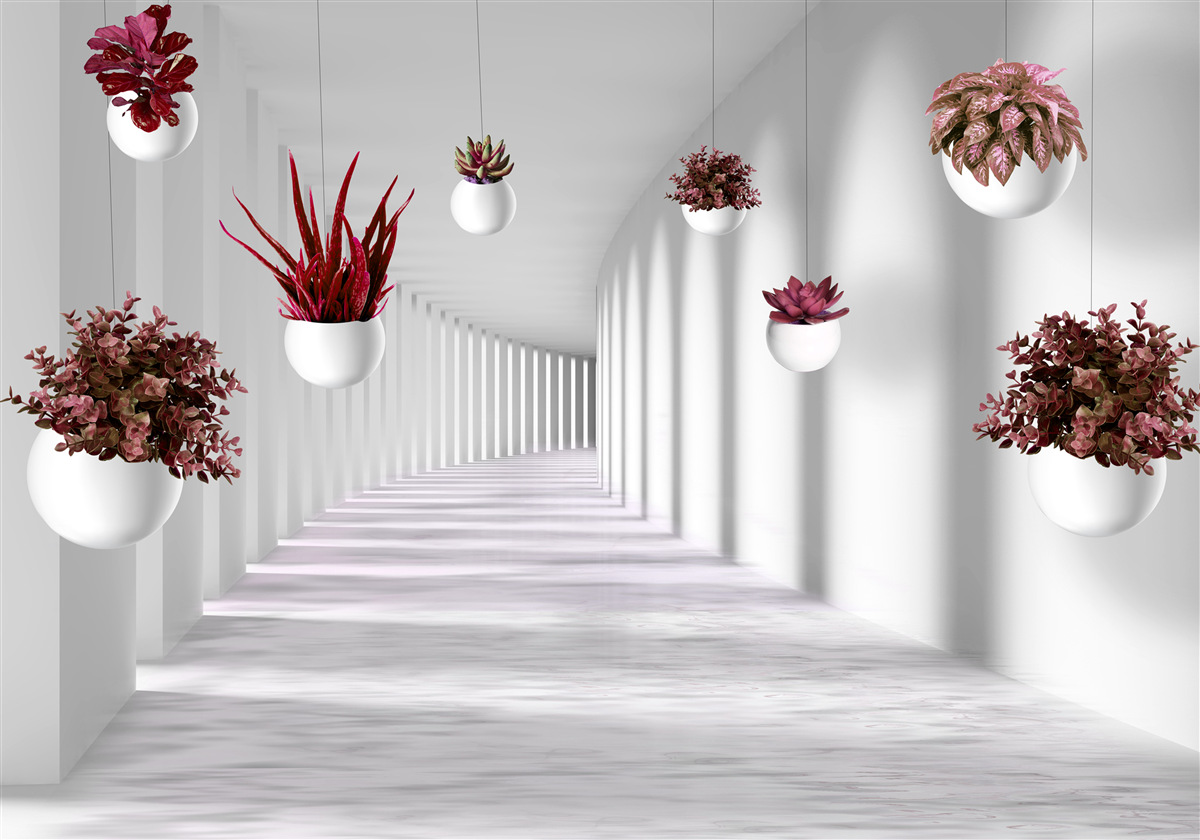 Fototapet ghivece de flori care plutesc în aer și vopsite în alb