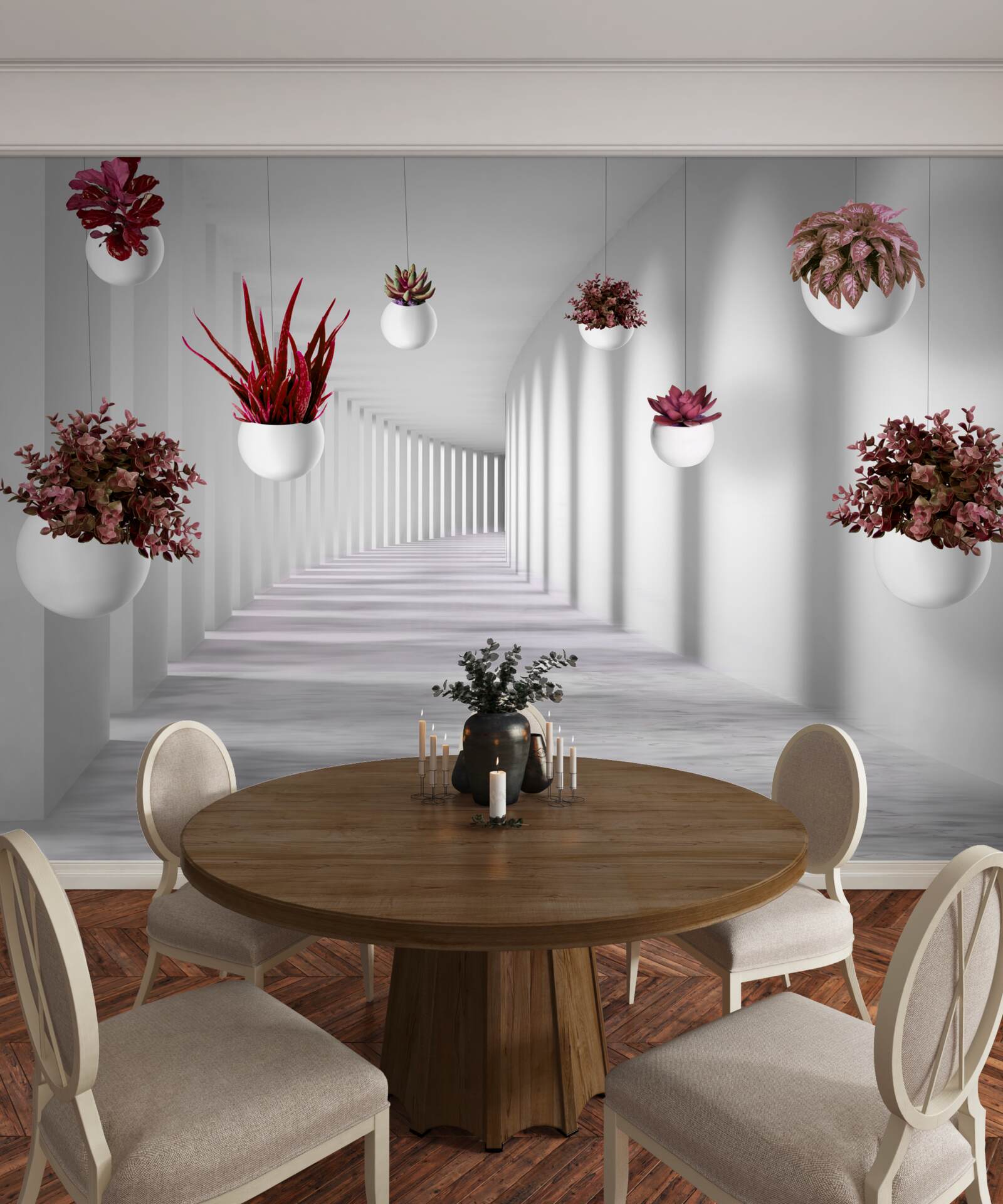 Fototapet ghivece de flori care plutesc în aer și vopsite în alb