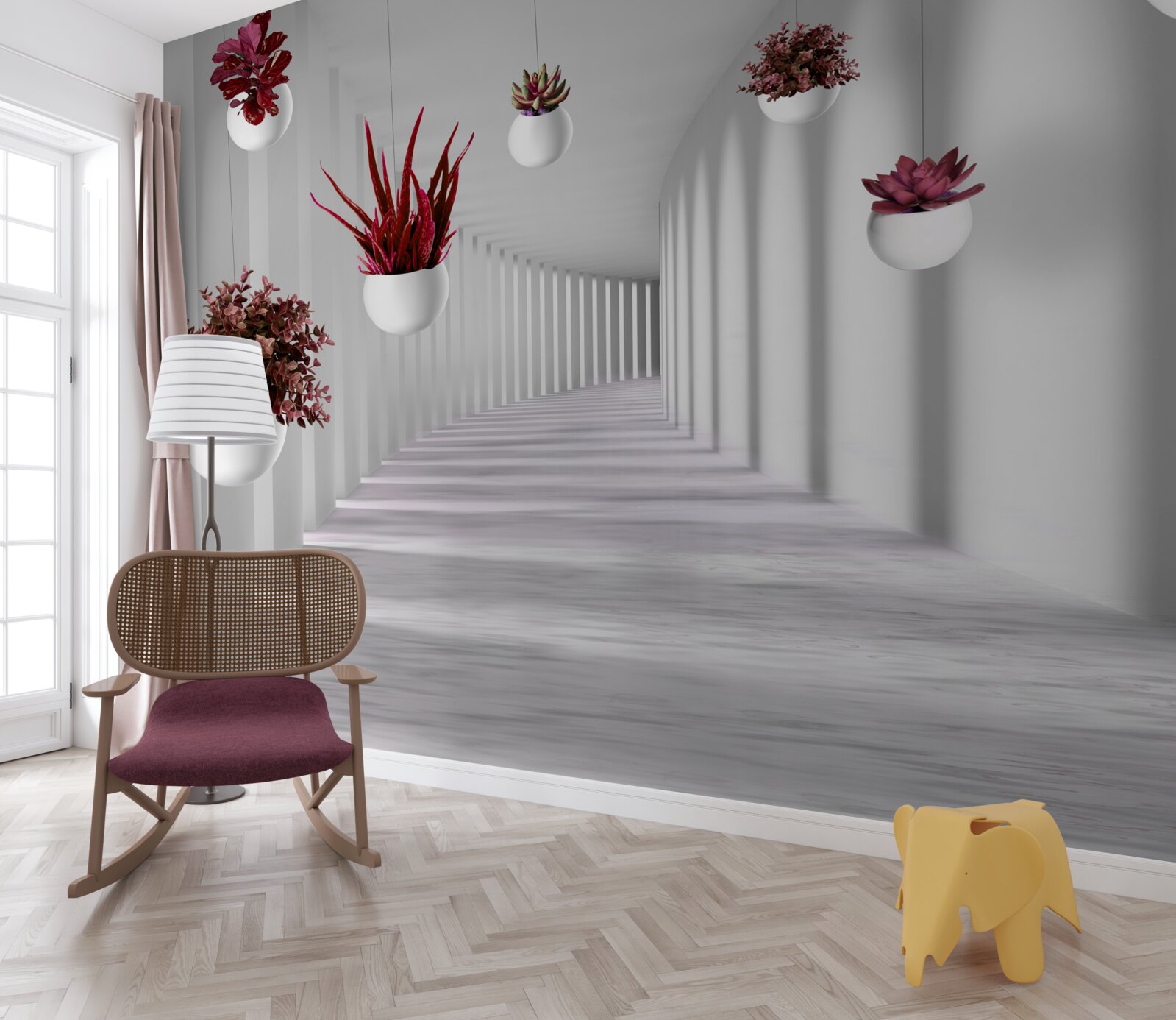 Fototapet ghivece de flori care plutesc în aer și vopsite în alb