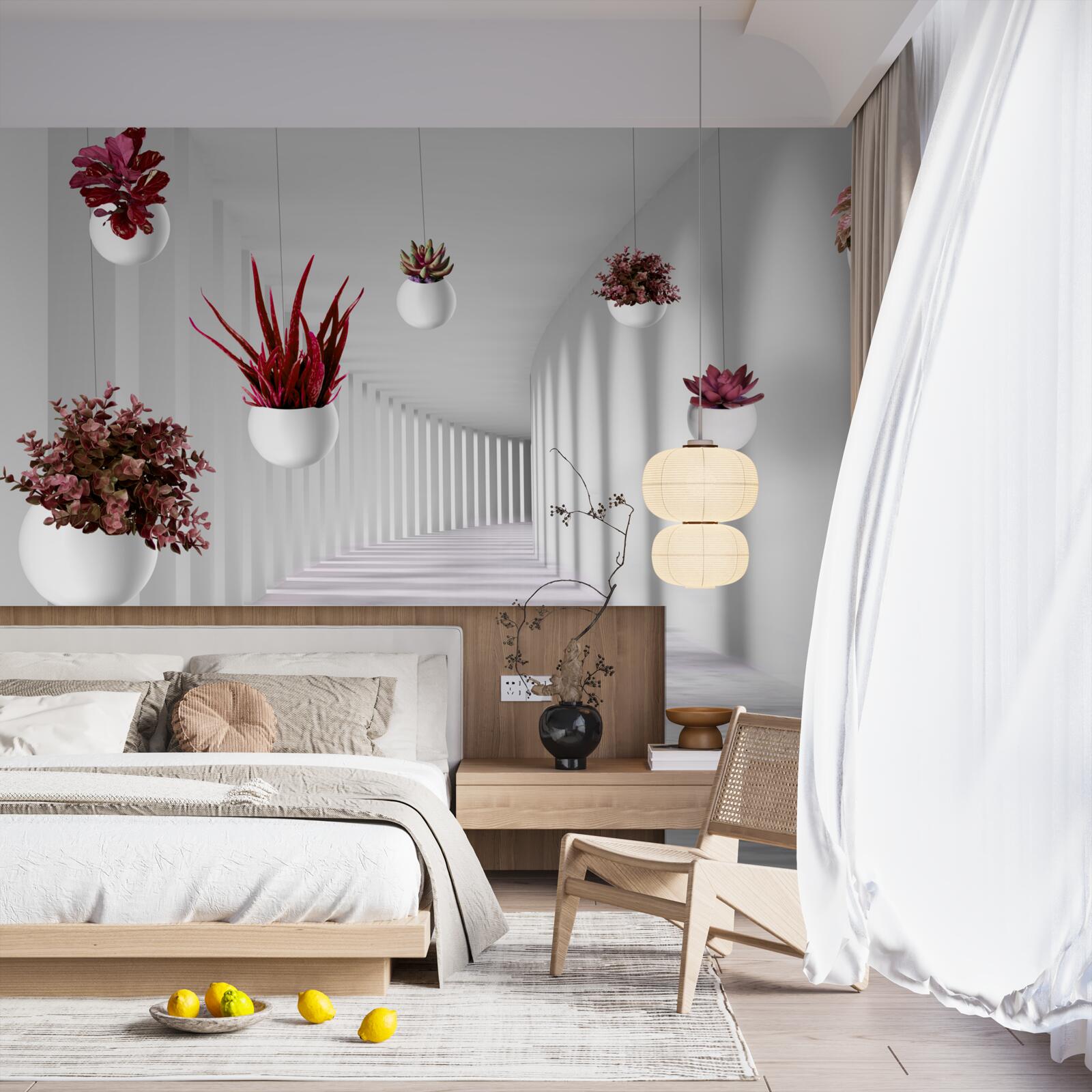 Fototapet ghivece de flori care plutesc în aer și vopsite în alb