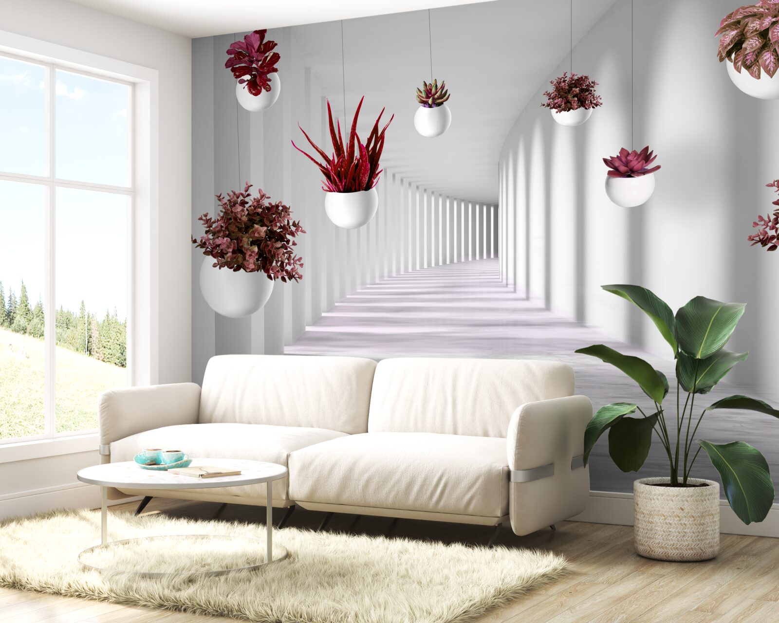 Fototapet ghivece de flori care plutesc în aer și vopsite în alb