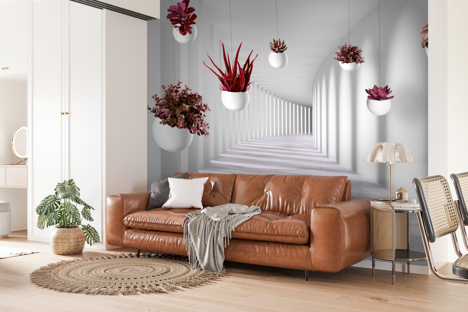 Fototapet ghivece de flori care plutesc în aer și vopsite în alb