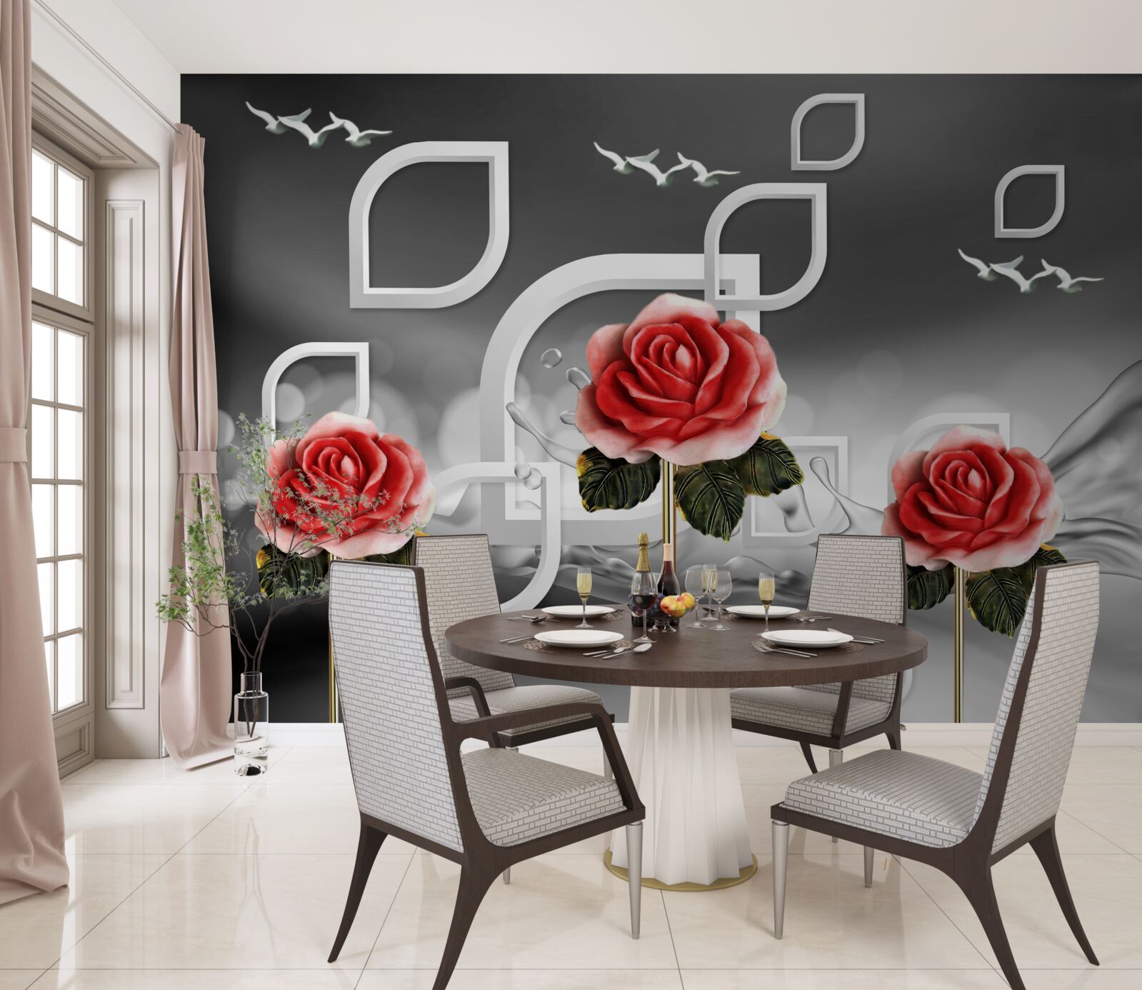 Fototapet trandafiri scarlet grațioase sclipesc pe un fundal abstract