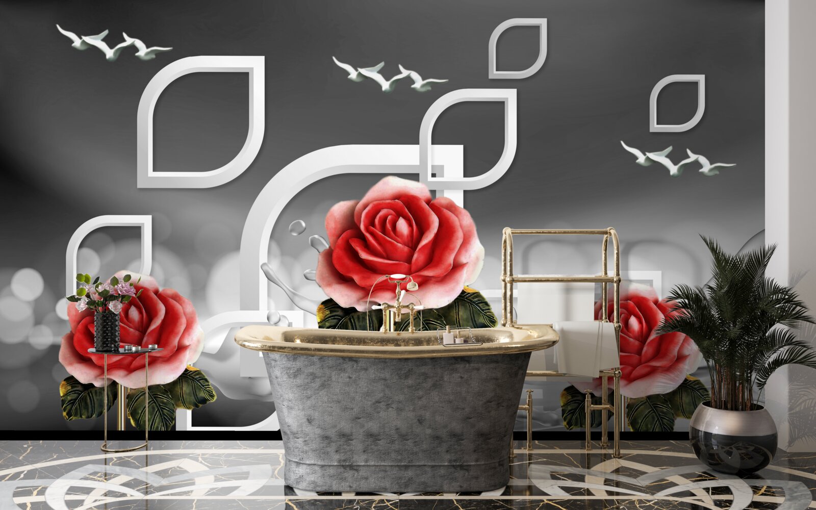 Fototapet trandafiri scarlet grațioase sclipesc pe un fundal abstract