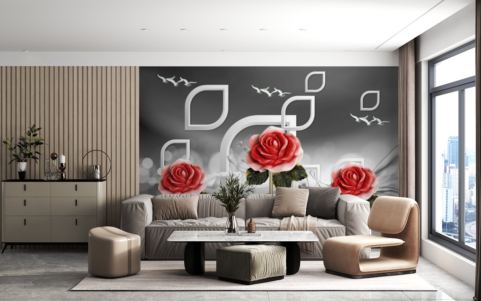 Fototapet trandafiri scarlet grațioase sclipesc pe un fundal abstract