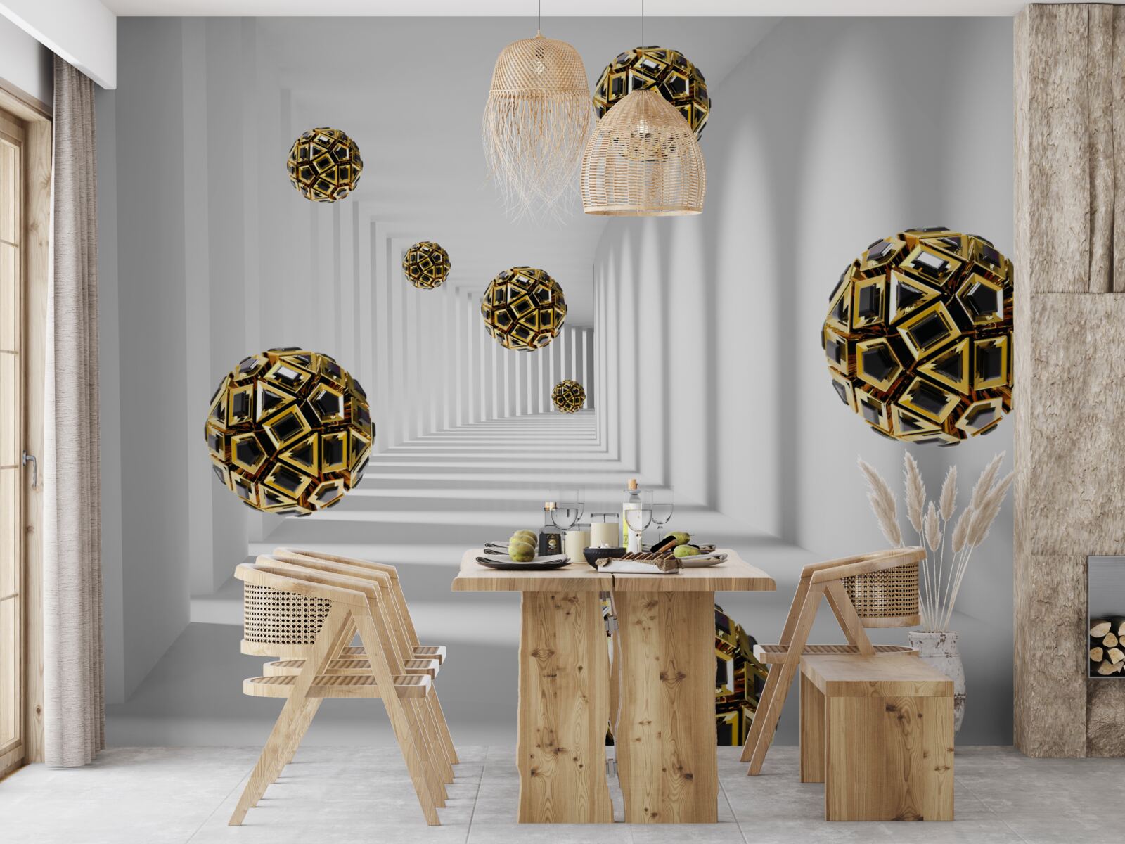 Fototapet sfere în negru și auriu, care se ridică ușor în aer