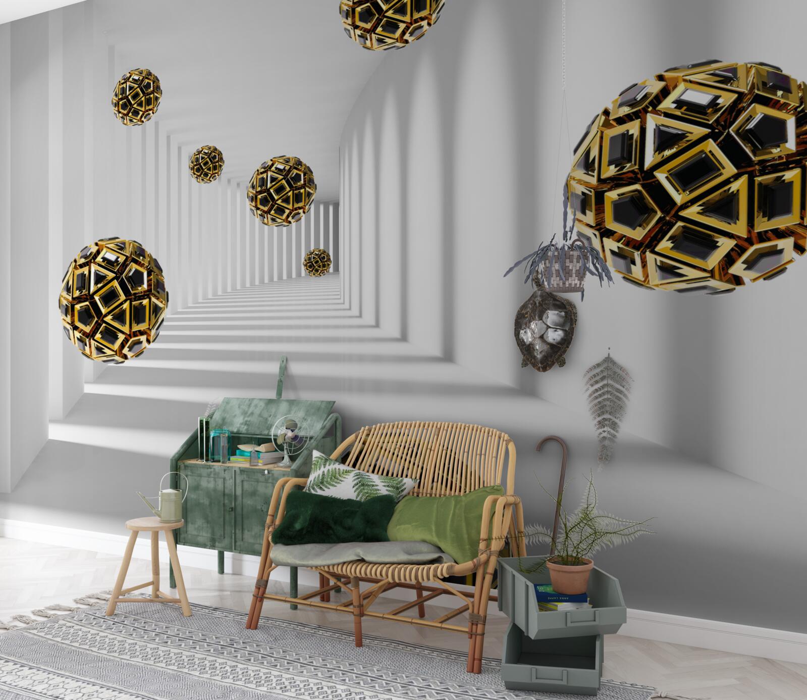 Fototapet sfere în negru și auriu, care se ridică ușor în aer