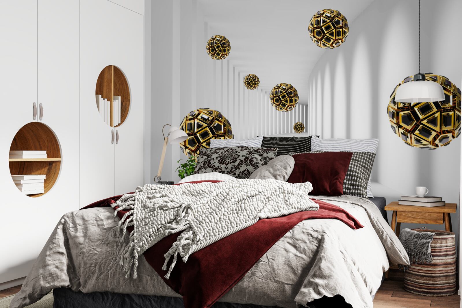 Fototapet sfere în negru și auriu, care se ridică ușor în aer