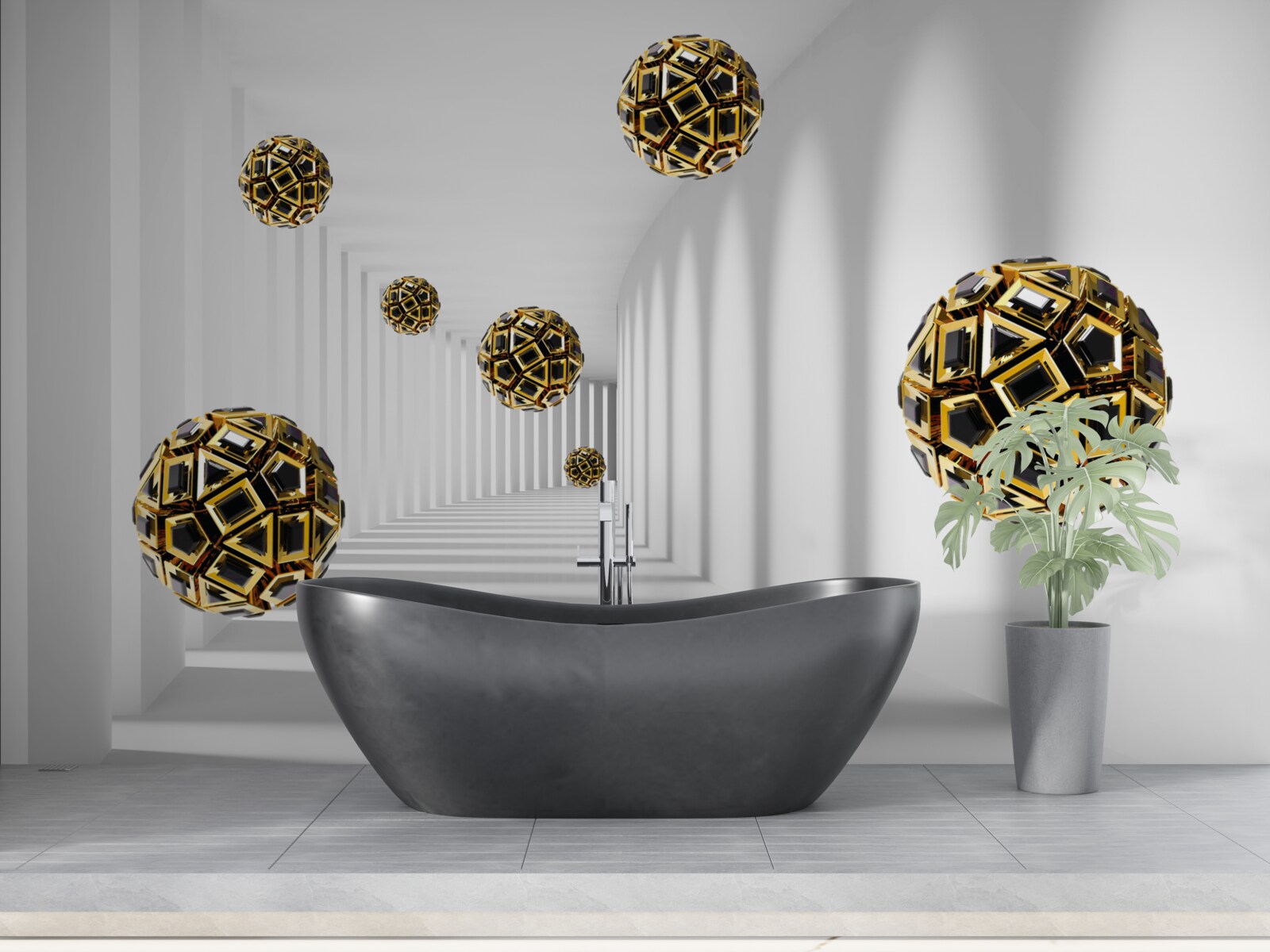 Fototapet sfere în negru și auriu, care se ridică ușor în aer