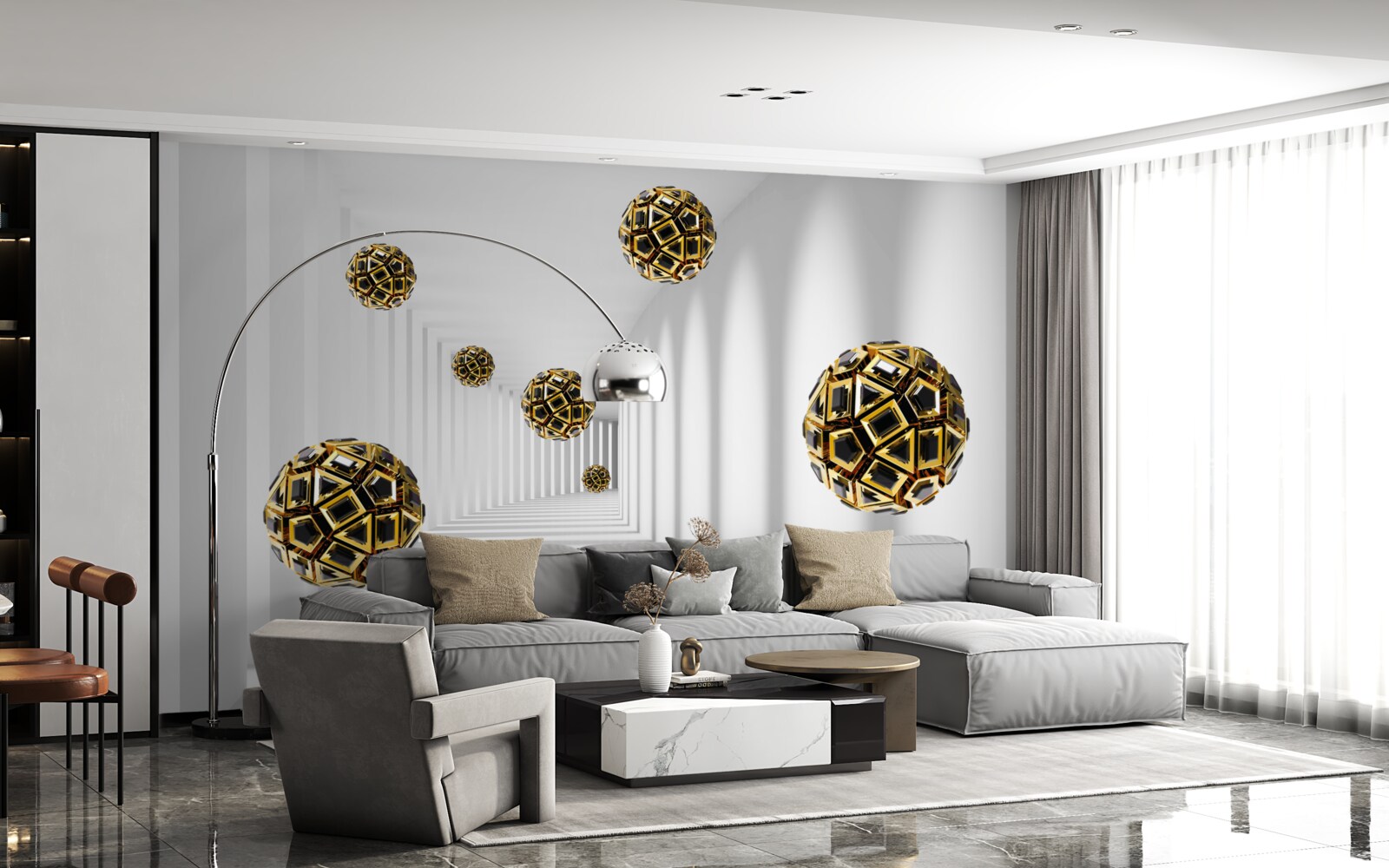 Fototapet sfere în negru și auriu, care se ridică ușor în aer