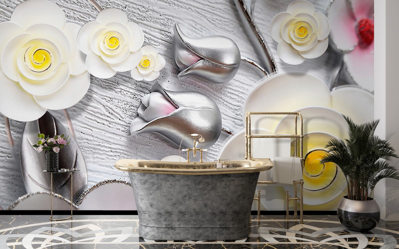 Fototapet flori din porțelan alb cu centru galben