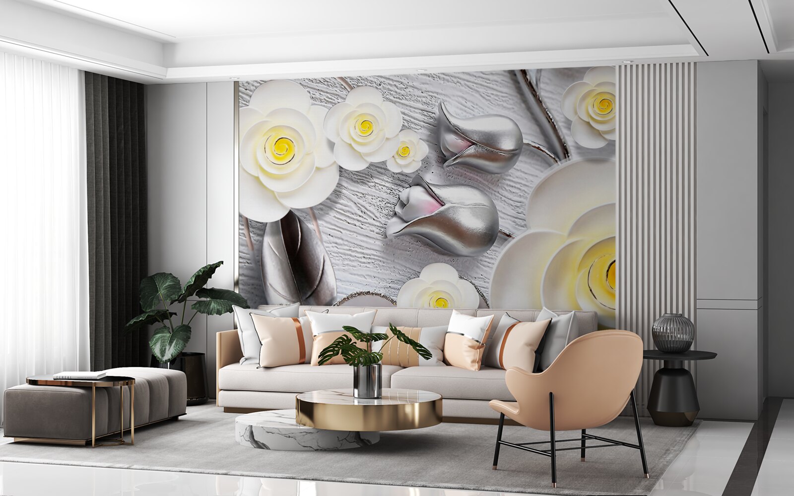 Fototapet flori din porțelan alb cu centru galben