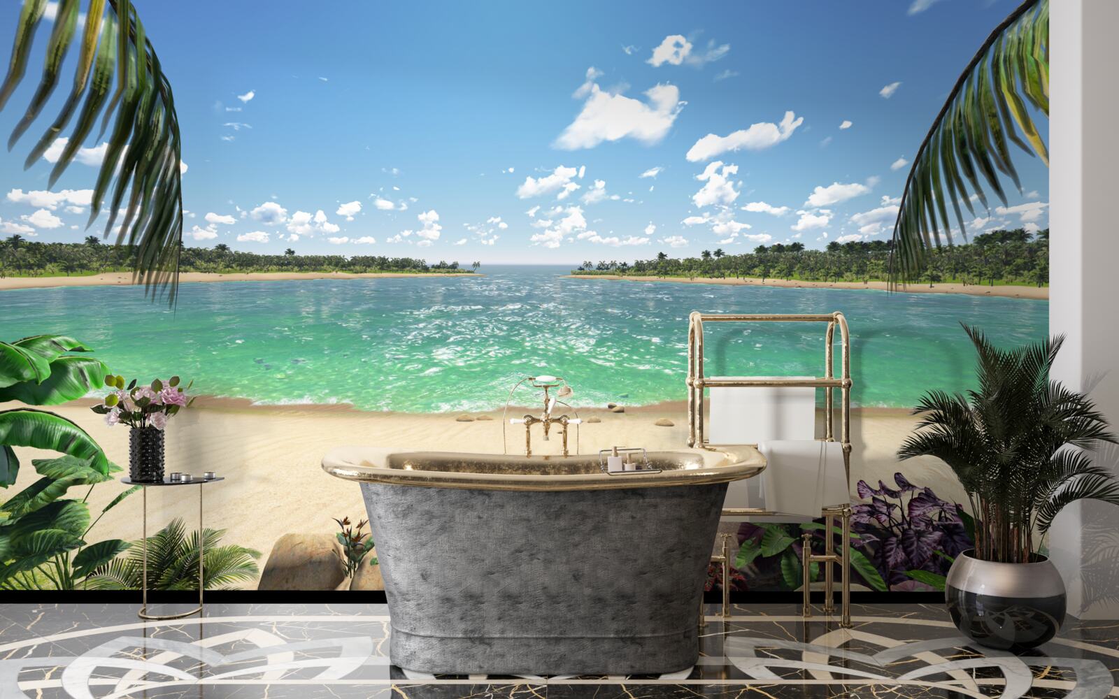 Fototapet plaja cu nisip auriu de pe coasta turcoaz