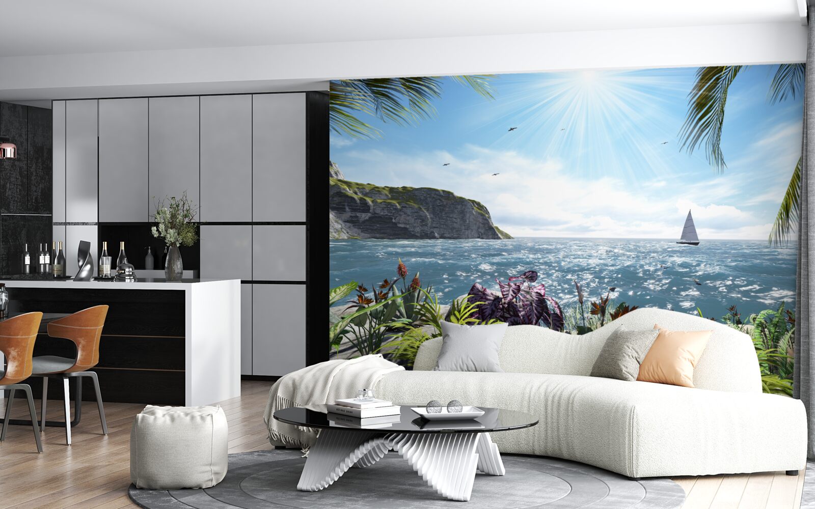 Fototapet razele de lumină luminează suprafața mării