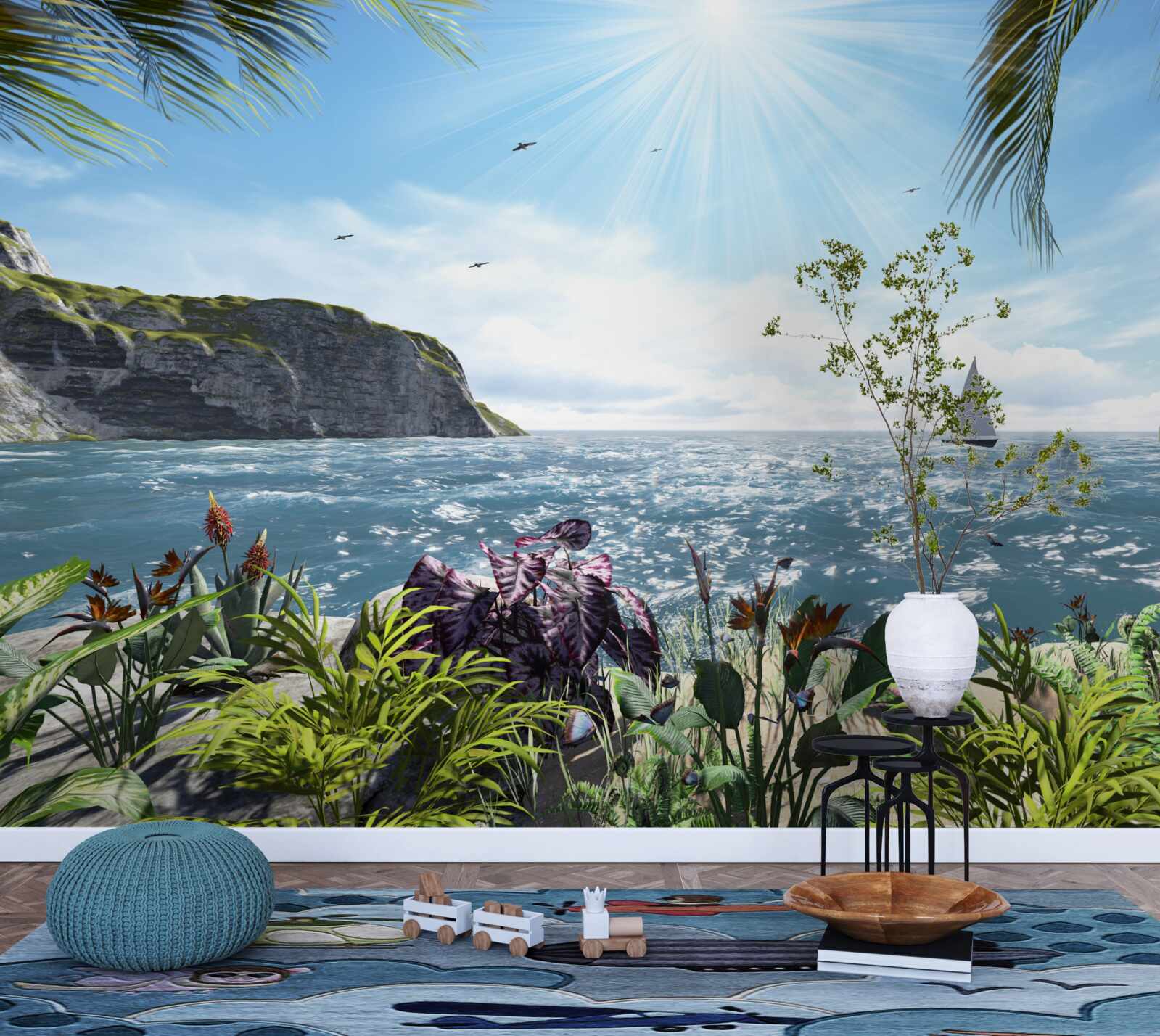 Fototapet razele de lumină luminează suprafața mării