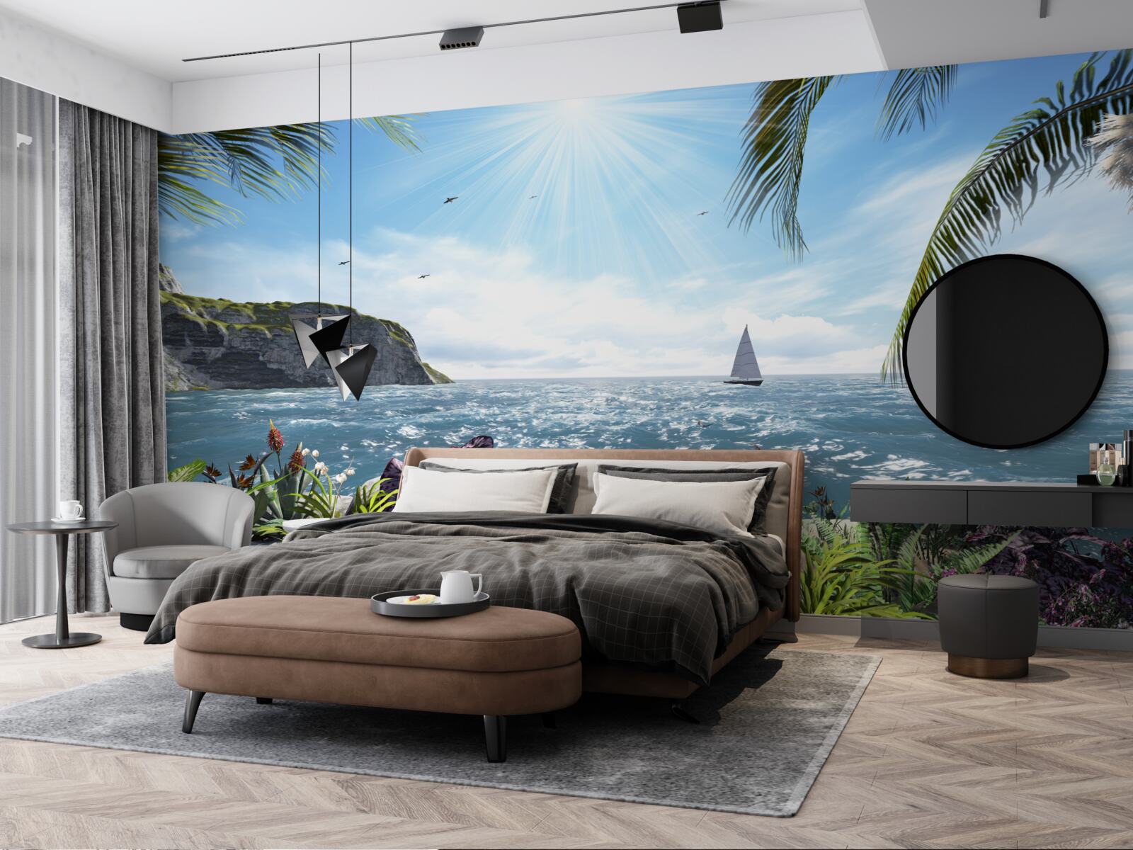 Fototapet razele de lumină luminează suprafața mării