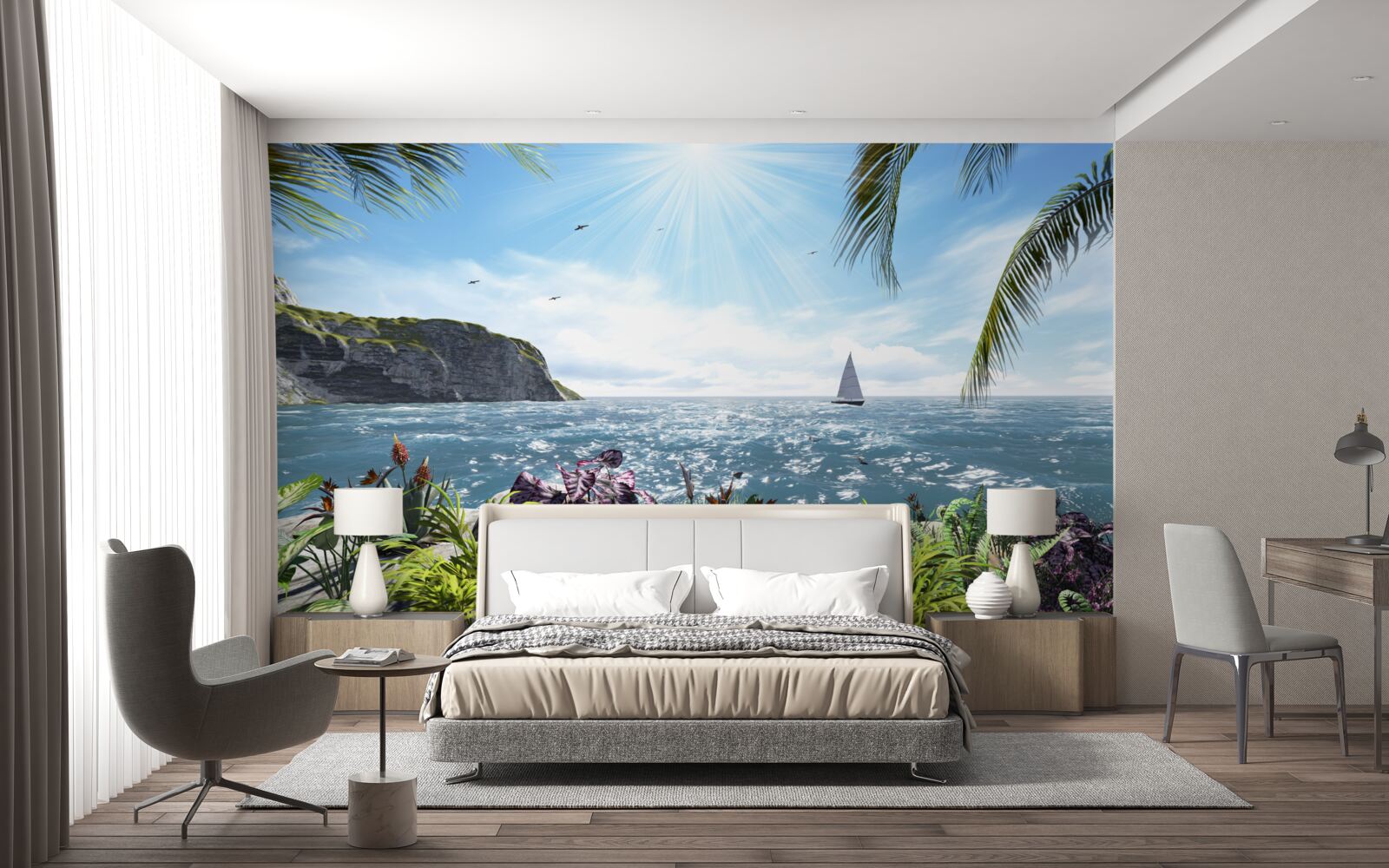 Fototapet razele de lumină luminează suprafața mării