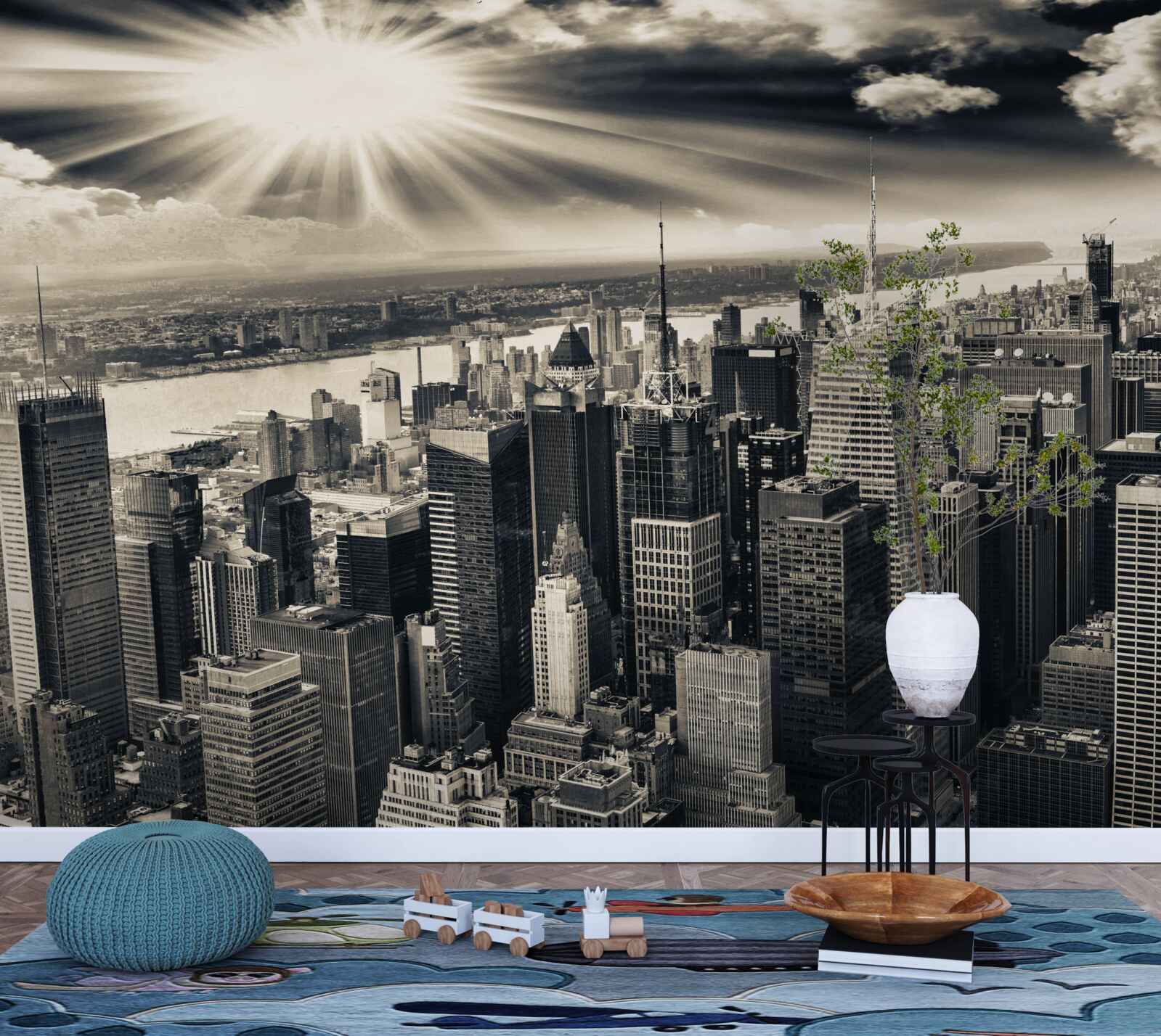 Fototapet Soarele strălucitor umple metropola cu tonuri sepia