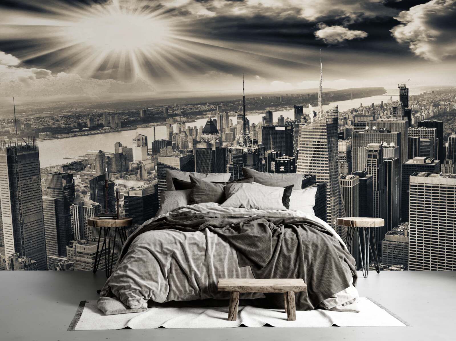 Fototapet Soarele strălucitor umple metropola cu tonuri sepia