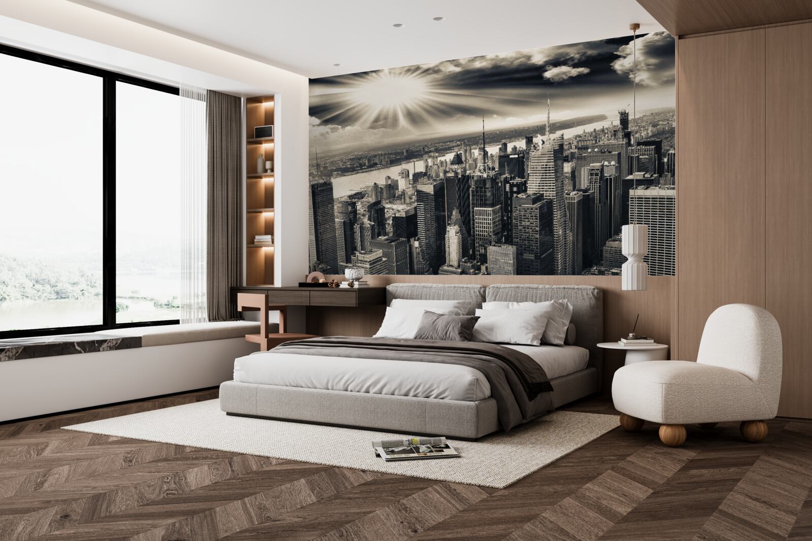 Fototapet Soarele strălucitor umple metropola cu tonuri sepia