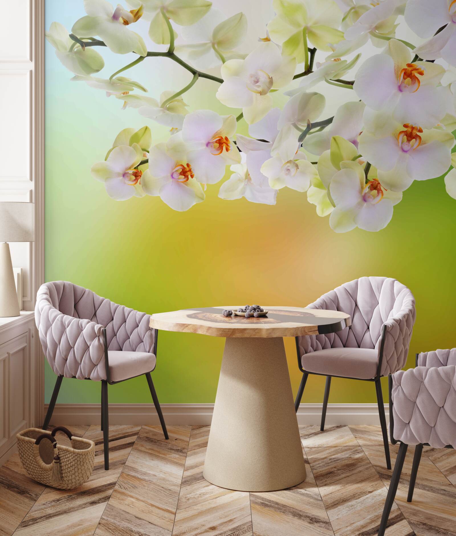 Fototapet muguri albi ca zăpada și orhidee înfloresc pe ramuri