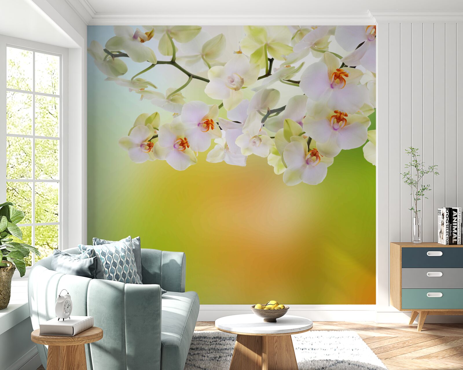 Fototapet muguri albi ca zăpada și orhidee înfloresc pe ramuri