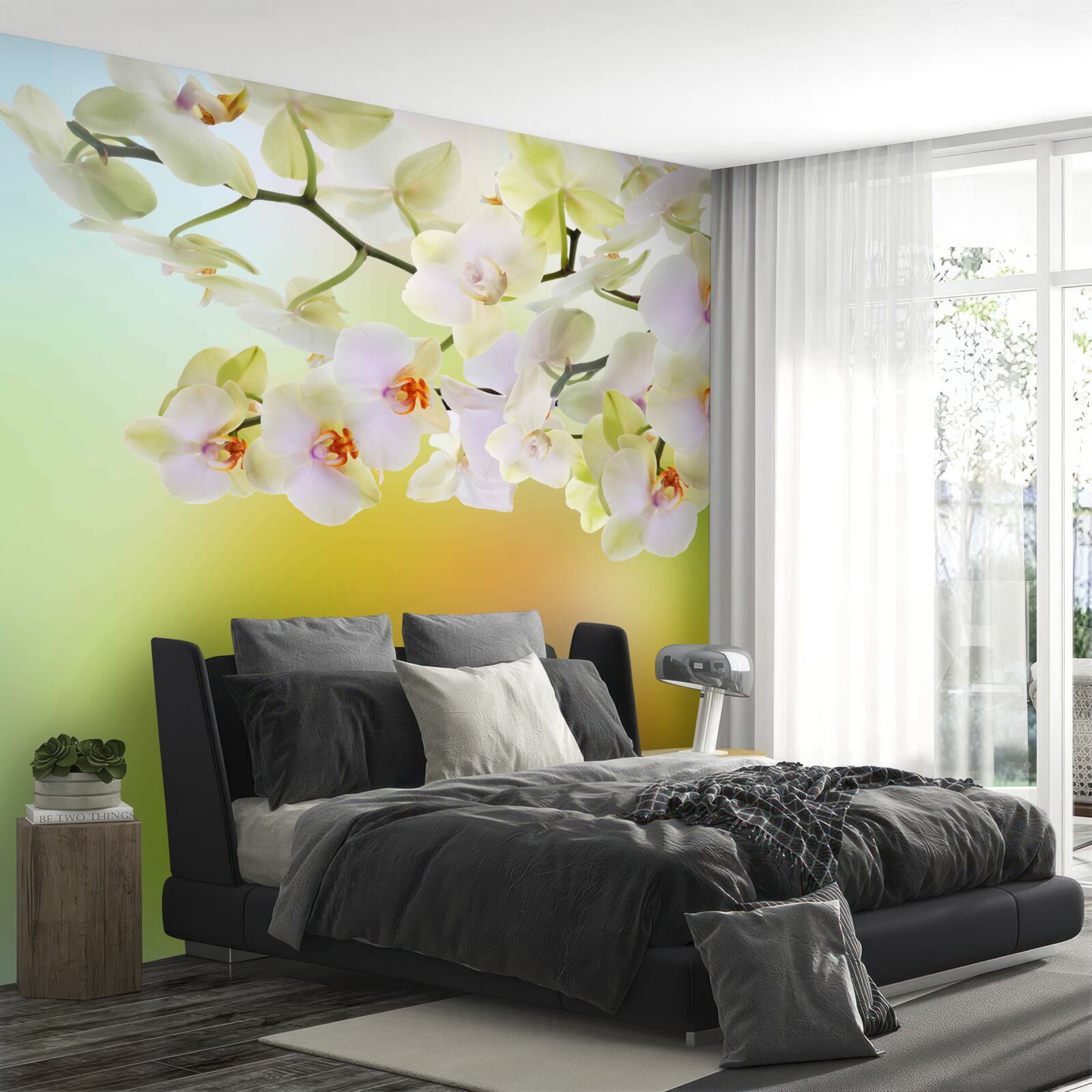 Fototapet muguri albi ca zăpada și orhidee înfloresc pe ramuri