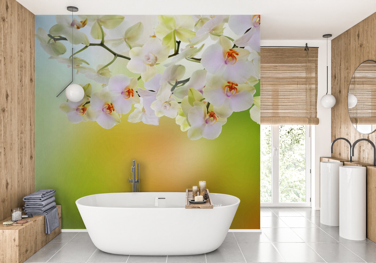 Fototapet muguri albi ca zăpada și orhidee înfloresc pe ramuri