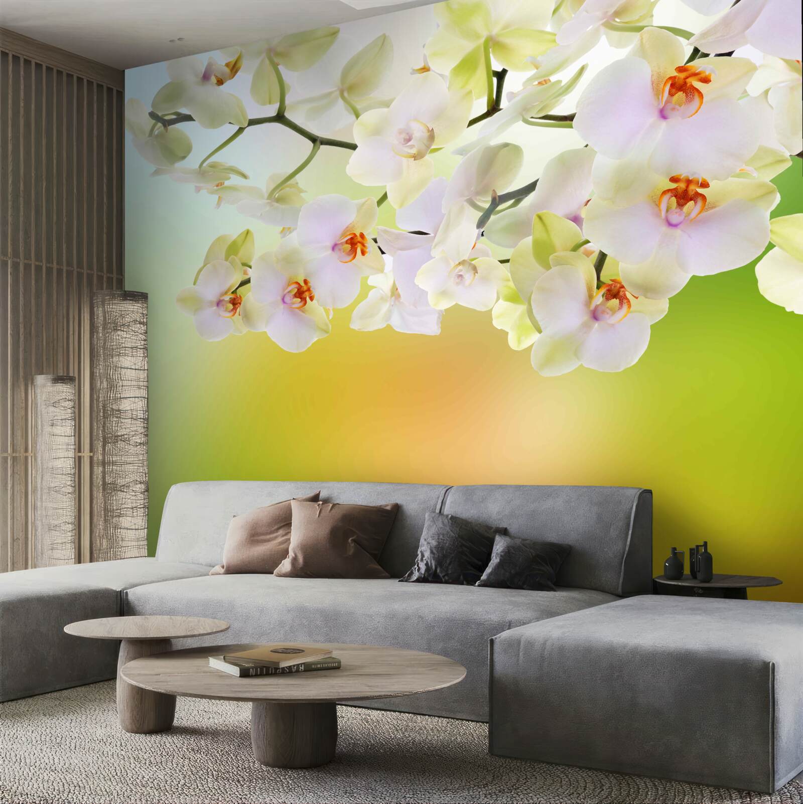 Fototapet muguri albi ca zăpada și orhidee înfloresc pe ramuri