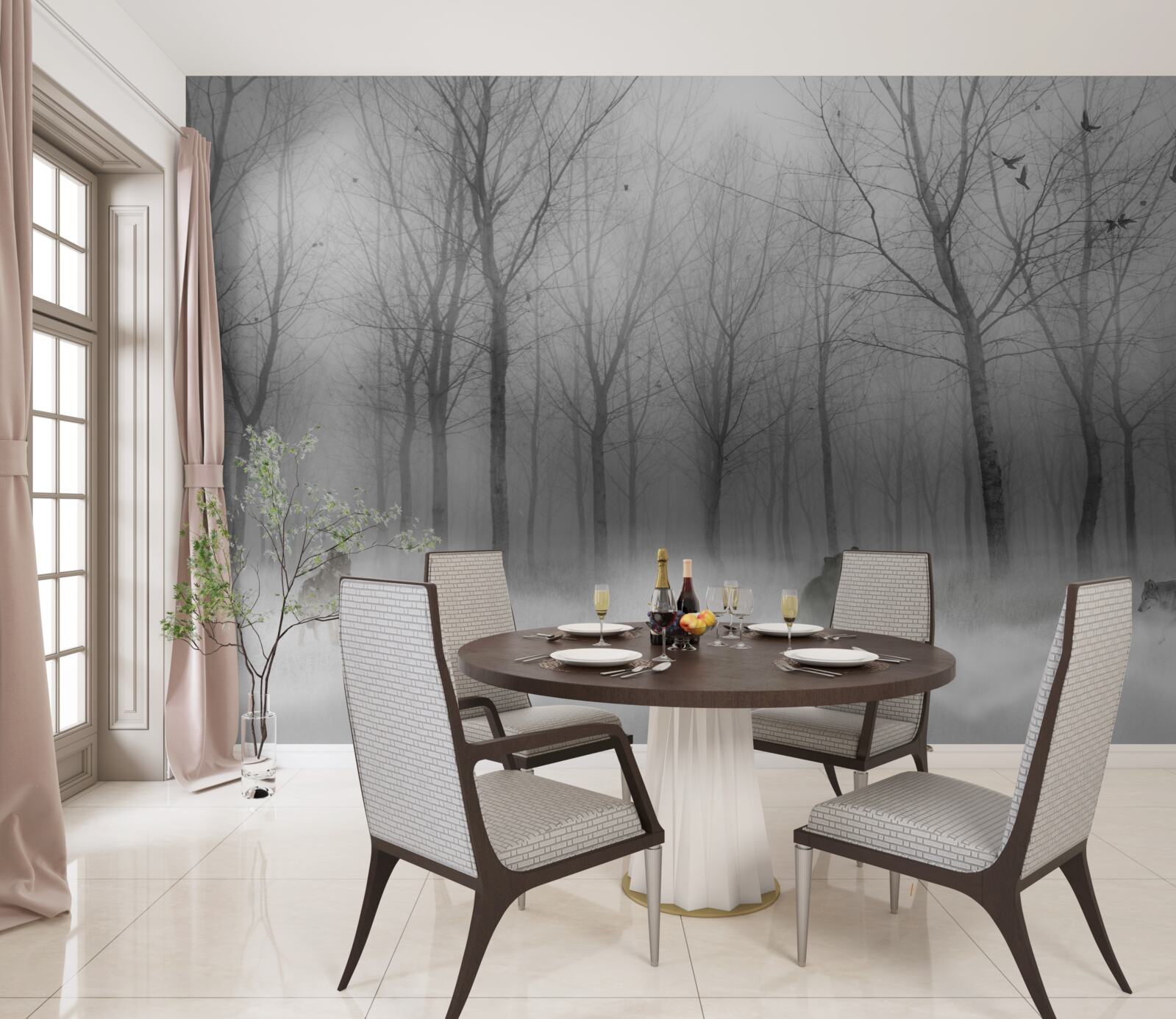 Fototapet o zi de iarnă în pădure, învăluită în ceață