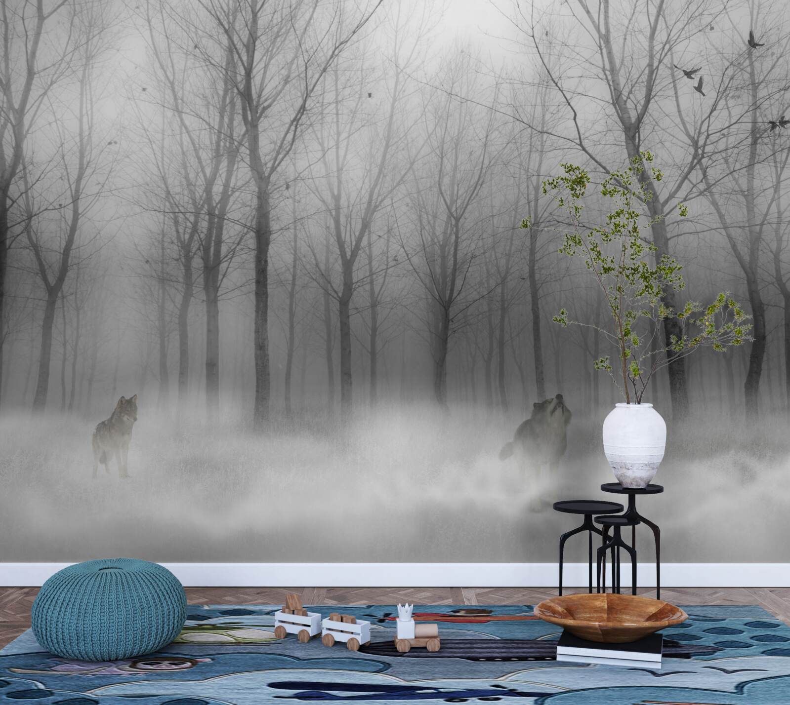 Fototapet o zi de iarnă în pădure, învăluită în ceață