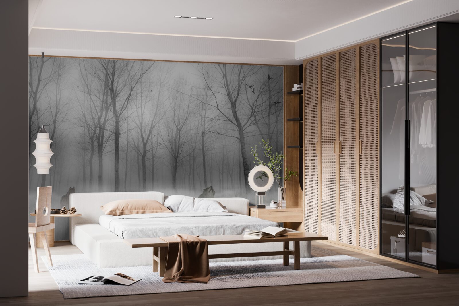 Fototapet o zi de iarnă în pădure, învăluită în ceață