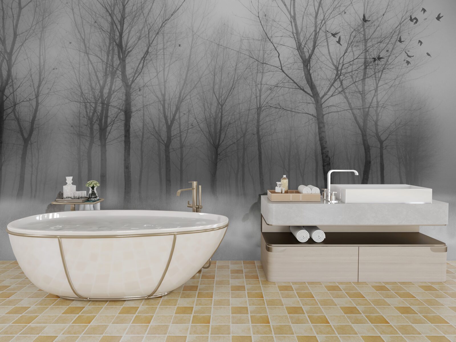 Fototapet o zi de iarnă în pădure, învăluită în ceață