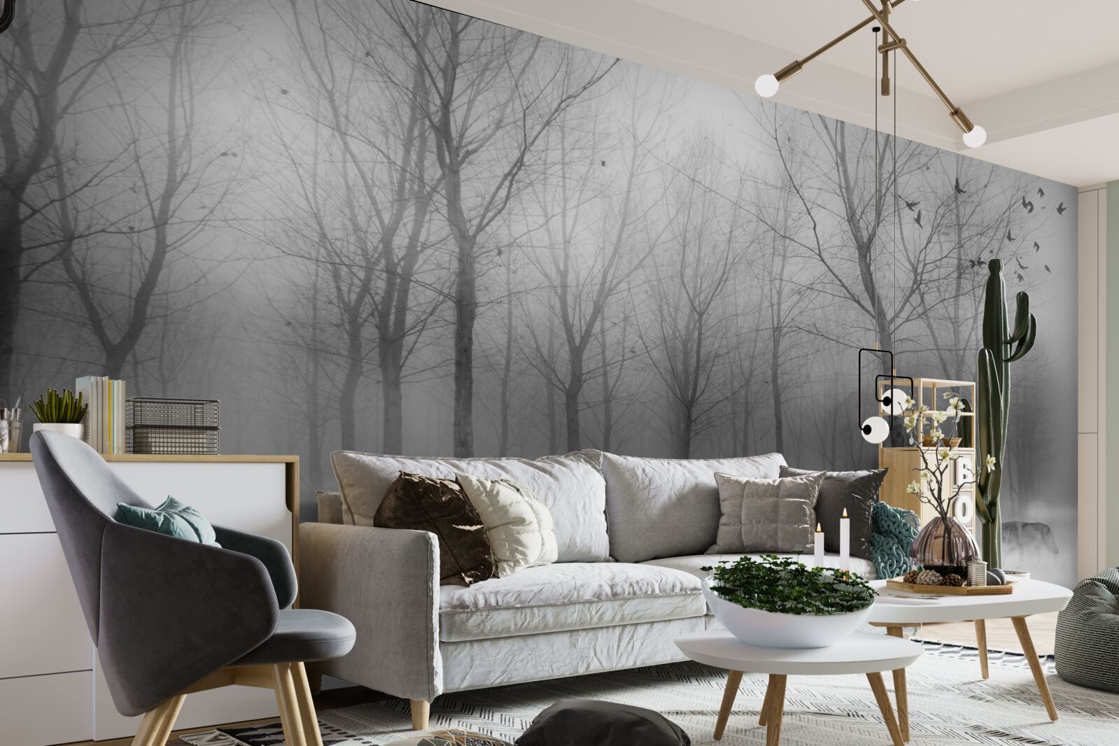 Fototapet o zi de iarnă în pădure, învăluită în ceață