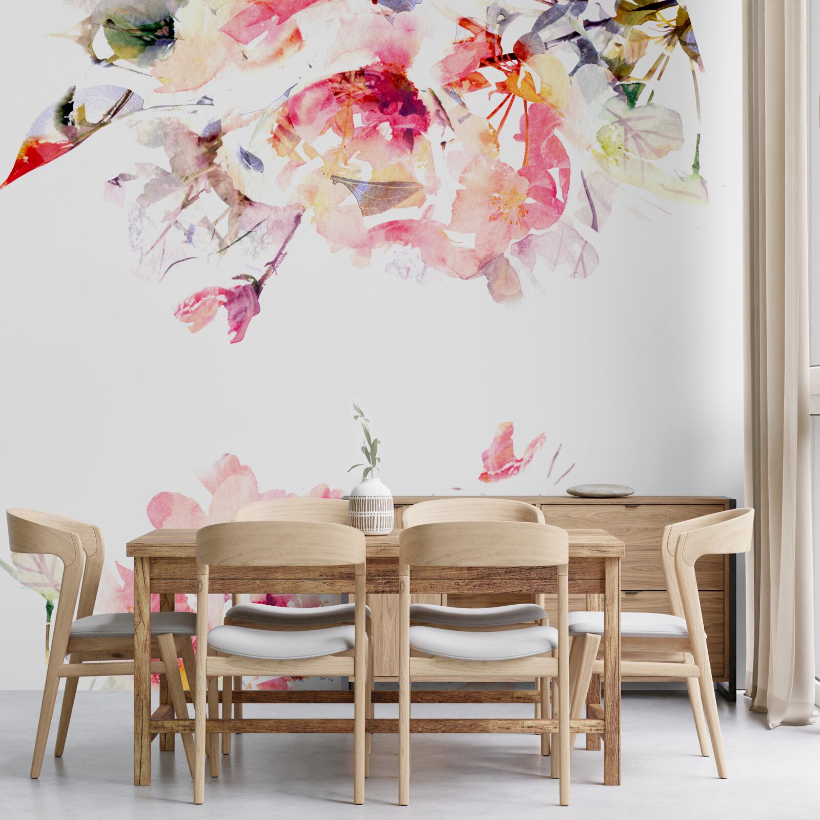 Fototapet acuarelă reprezentând fluturi și flori albe