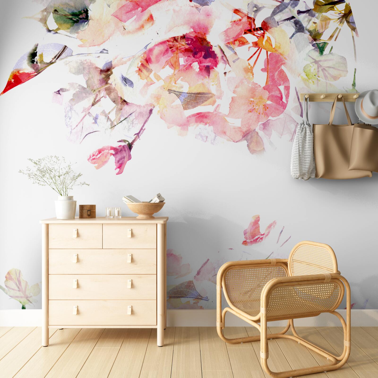 Fototapet acuarelă reprezentând fluturi și flori albe