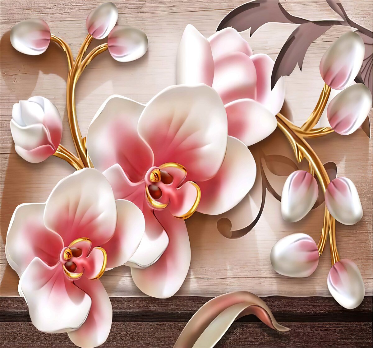 Fototapet flori roz delicate cu ramuri aurii grațioase