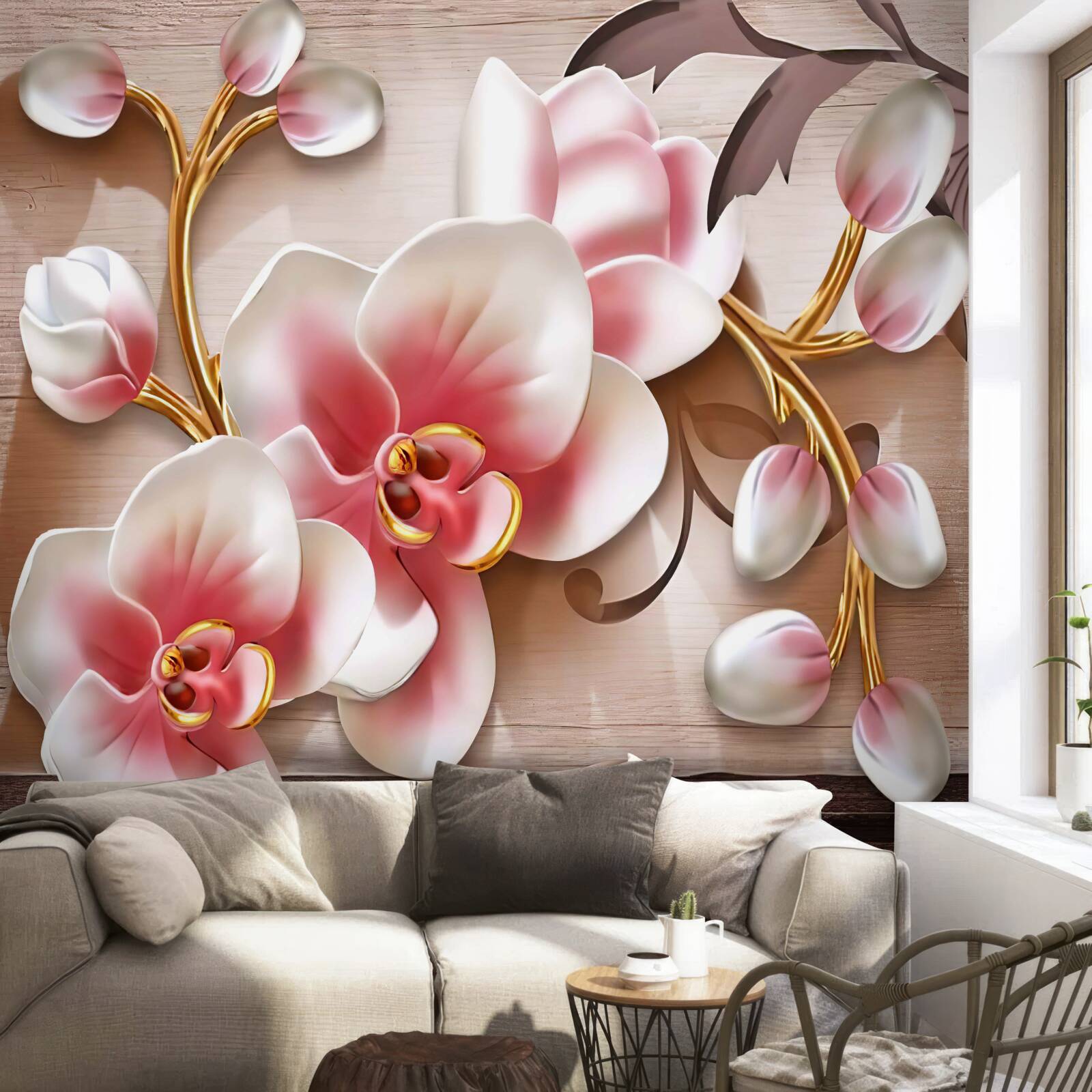 Fototapet flori roz delicate cu ramuri aurii grațioase