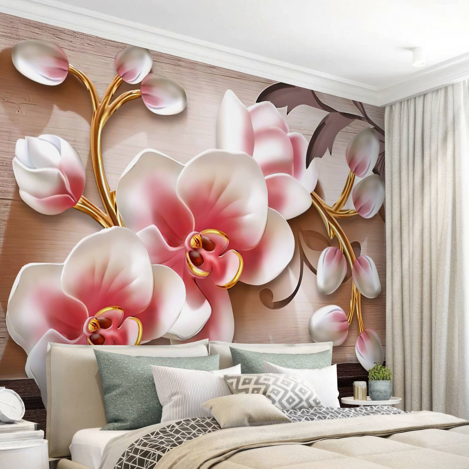 Fototapet flori roz delicate cu ramuri aurii grațioase