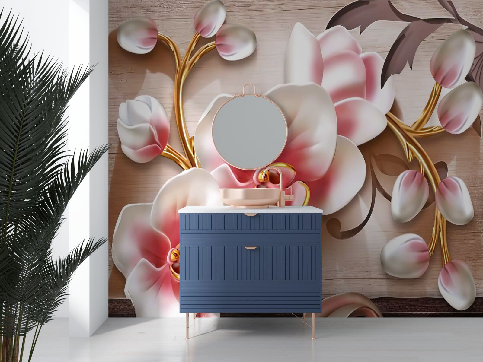 Fototapet flori roz delicate cu ramuri aurii grațioase