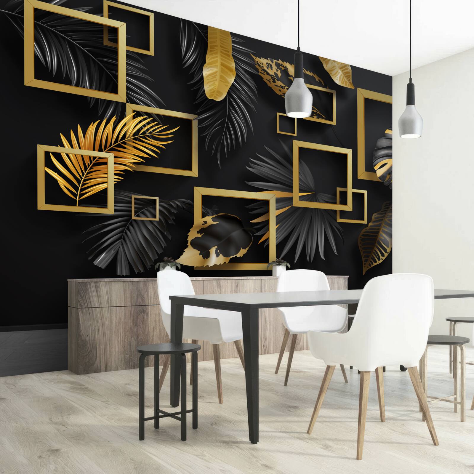 Fototapet perete negru cu rame aurii