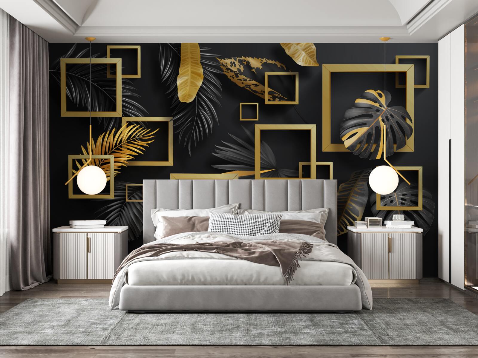 Fototapet perete negru cu rame aurii