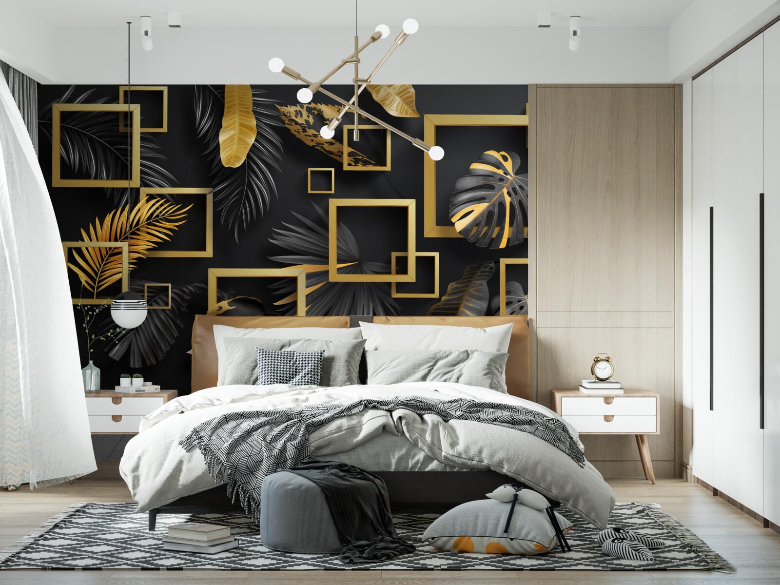 Fototapet perete negru cu rame aurii