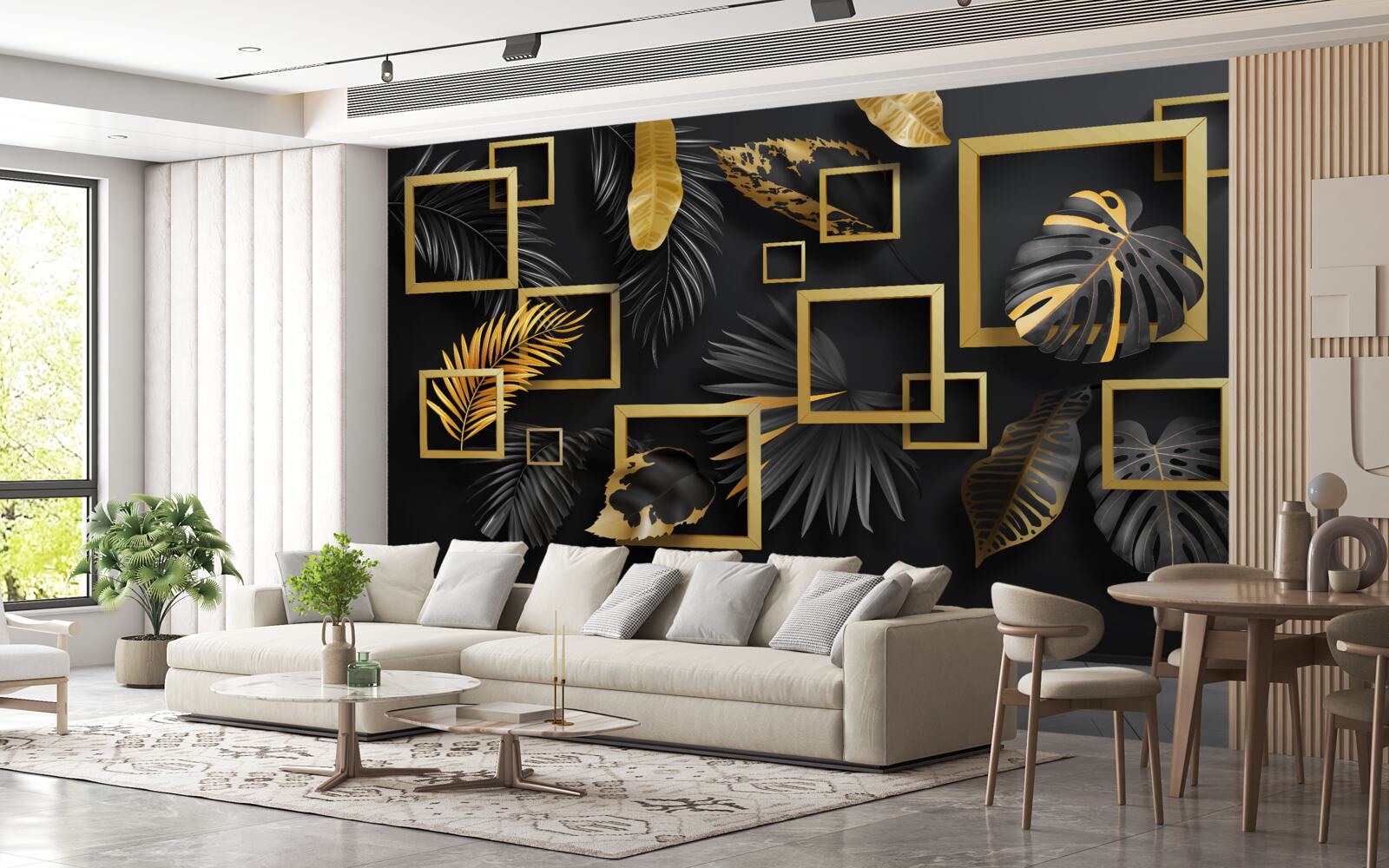 Fototapet perete negru cu rame aurii