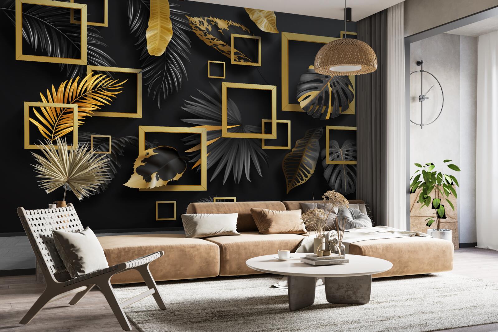 Fototapet perete negru cu rame aurii