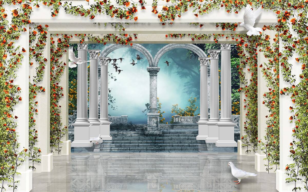 Fototapet coloane albe decorate cu flori