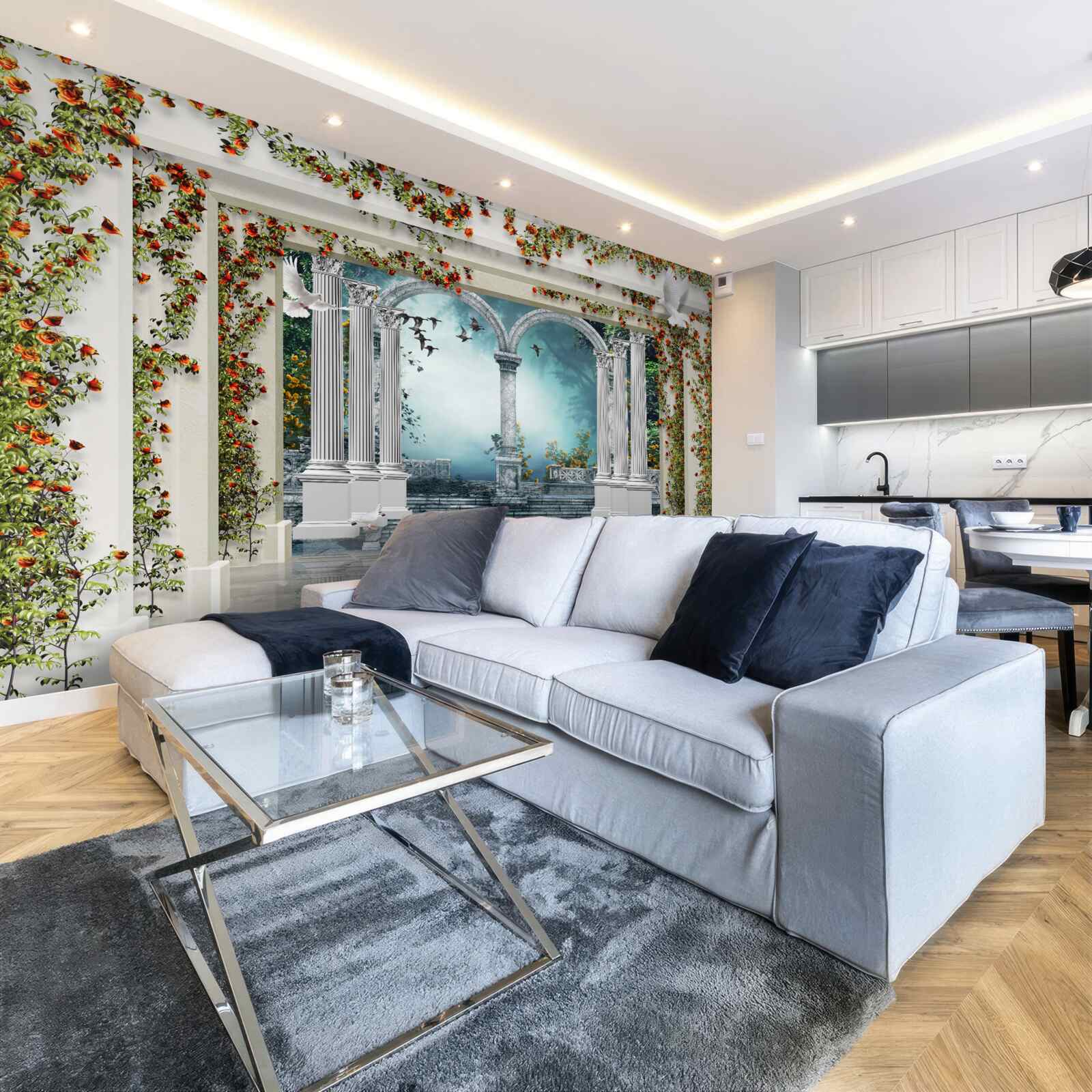 Fototapet coloane albe decorate cu flori