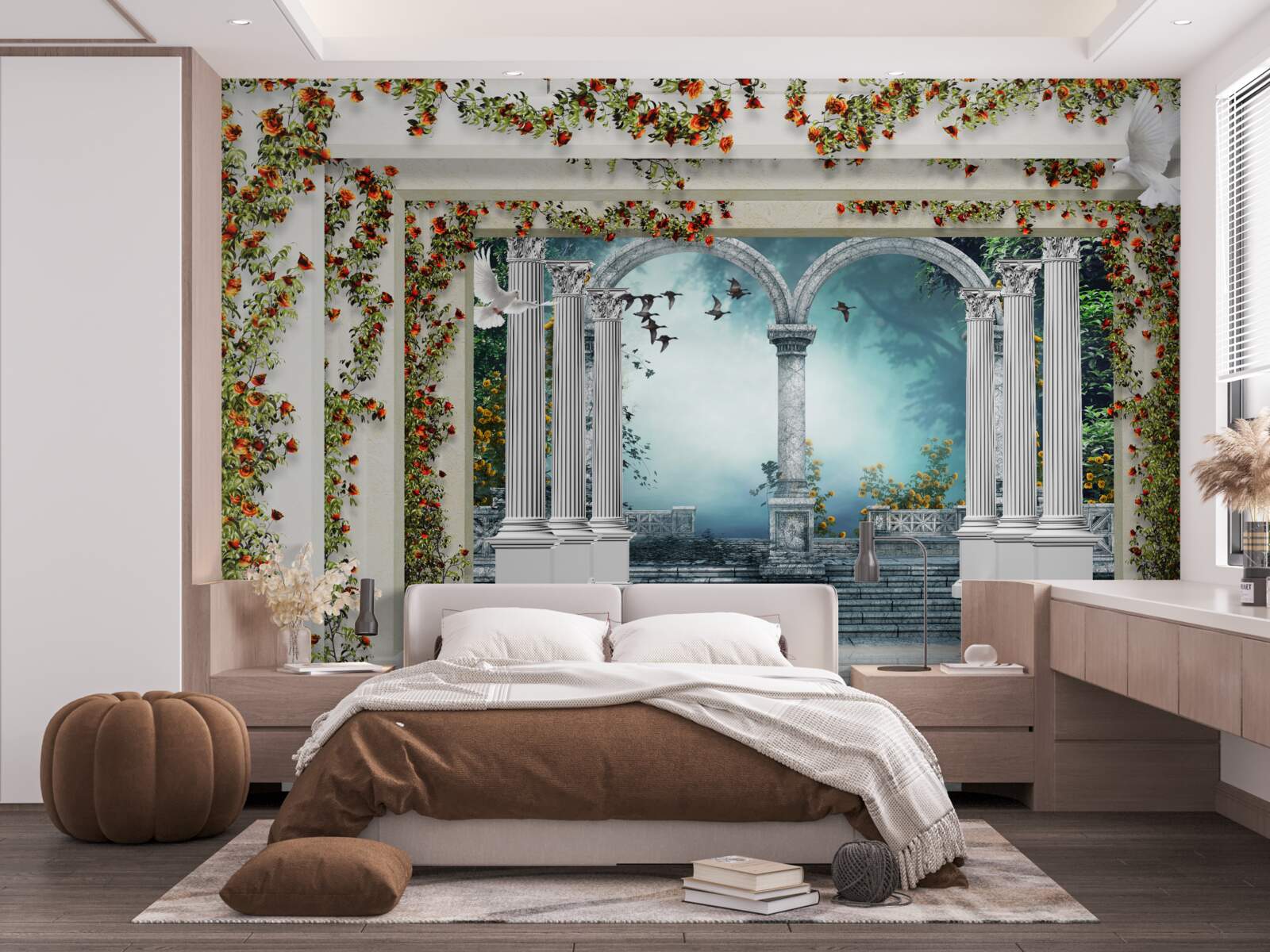 Fototapet coloane albe decorate cu flori