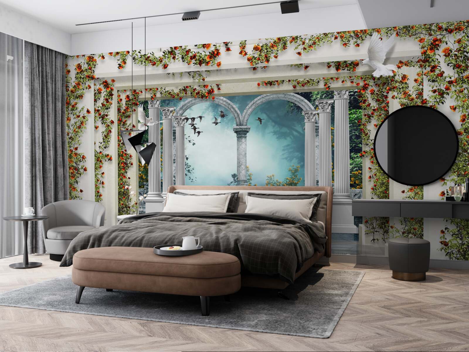 Fototapet coloane albe decorate cu flori