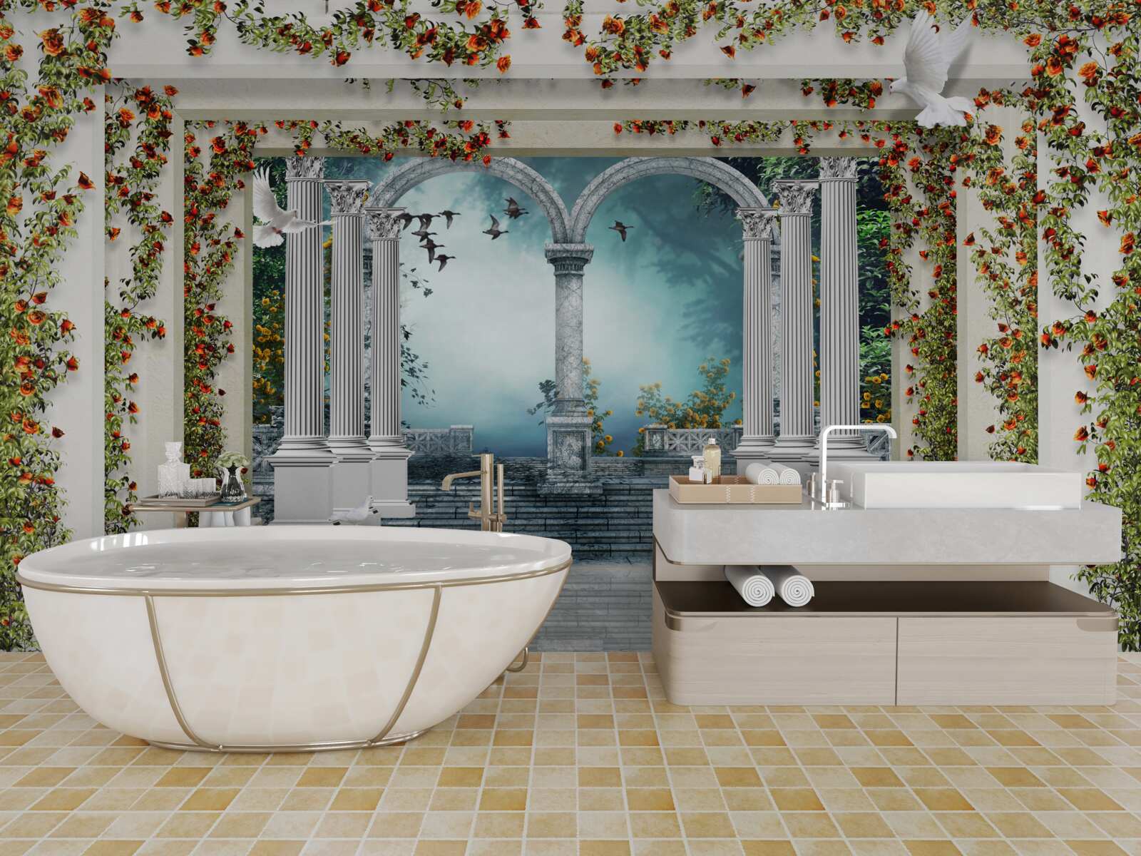 Fototapet coloane albe decorate cu flori